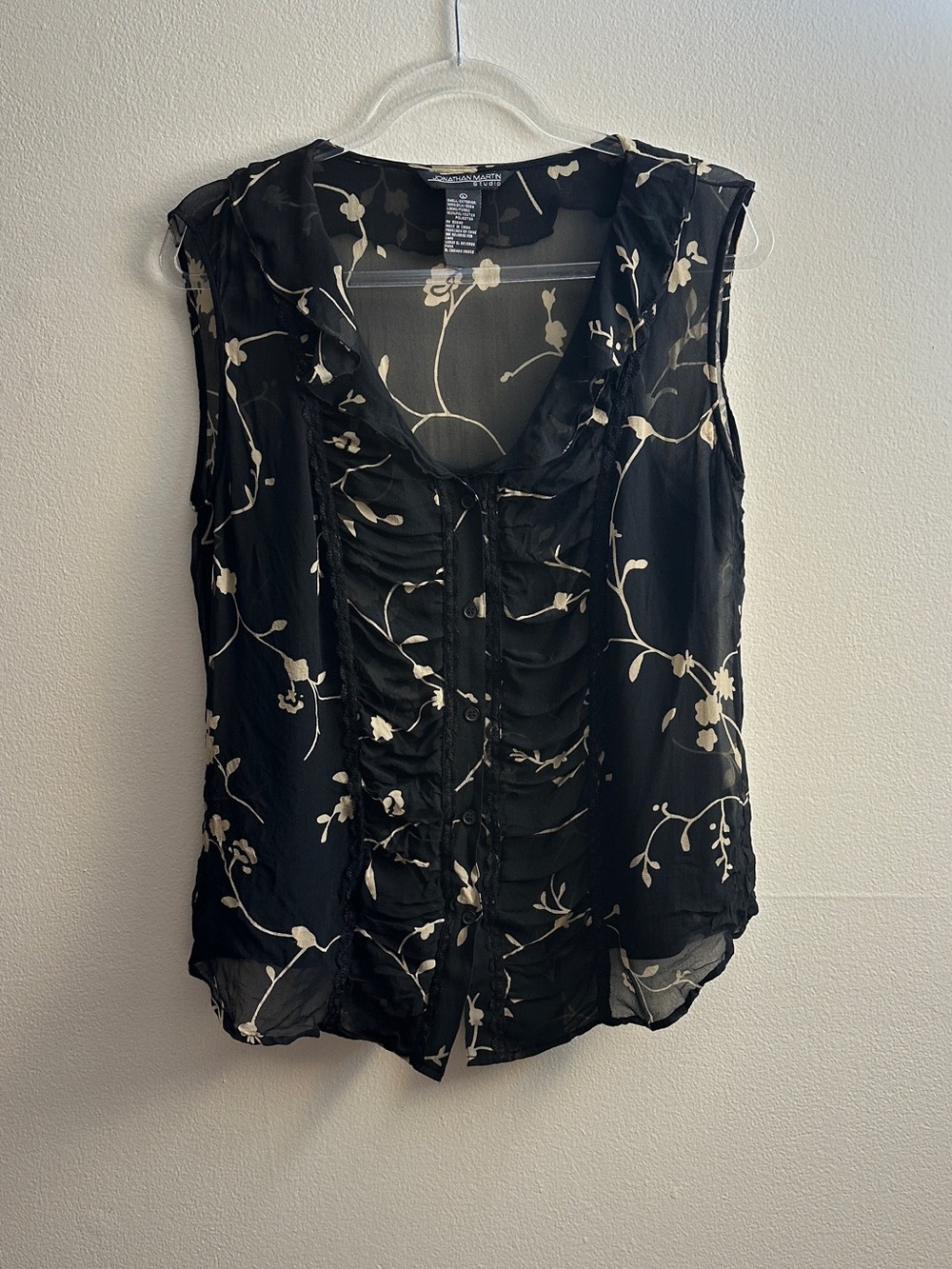 Jonathan Martin Black Sheer Floral Ruffle Front Sleeveless Blouse